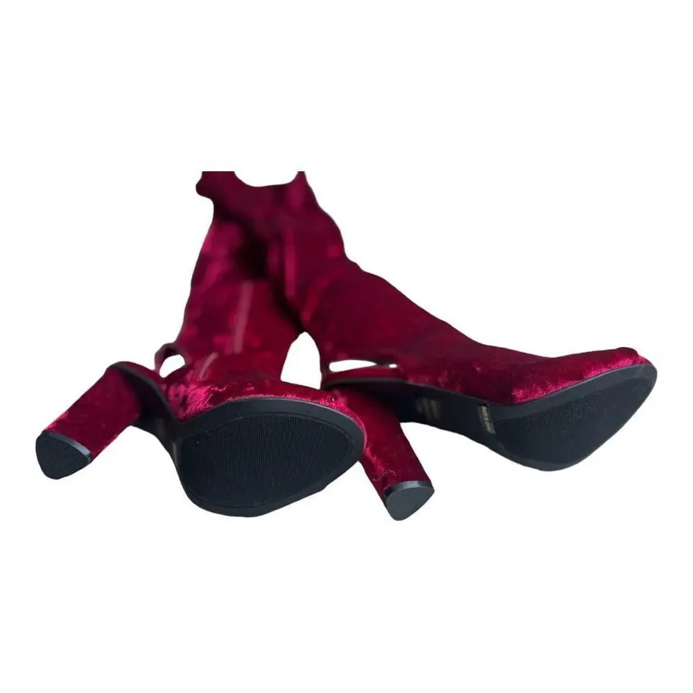 Brand New Womens Bamboo Wine Crushed Velvet Thigh High Peep Toe Boots - Sz 8